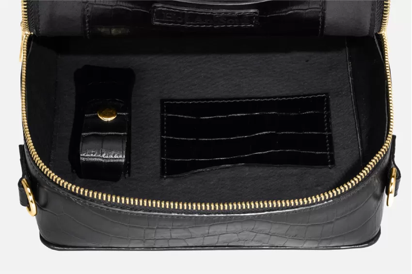 Black Maya Bag, Square Crocodile Embossed Leather Bag, Square-Shaped Bag, Genuine Leather Material, Natural Matte Shine