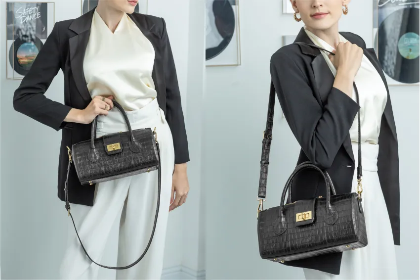 Black Marie Crocodile Embossed Leather Bag, Luxurious Style, Premium Leather Material, Eye-catching Crocodile Pattern Embossment