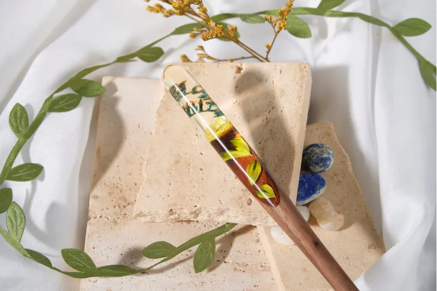 Yellow Flower Resin & Wooden Hair Stick, High Aesthetic Appeal, Natural Wood Material, Gentle on Hair, Handcrafted Hair Stick Yellow Flower Resin & Wooden Hair Stick, High Aesthetic Appeal, Natural Wood Material, Gentle on Hair, Handcrafted Hair Stick