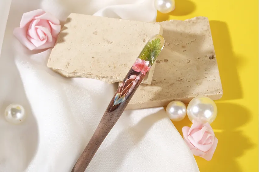 Fern, Pink Snowy Resin And Wooden Hair Stick, Delicate Design, Durable Wood Material, Unique Sculpting Technique, Feminine Hair Accessory