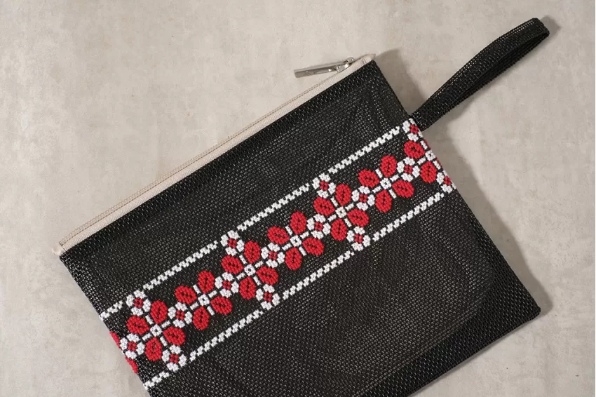 Black Clutch With Embroidered Red Petals, Premium Black Textilene Material, Stylish Design, Elegant Style