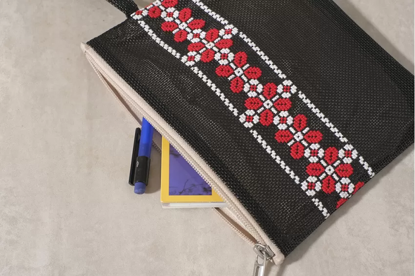 Black Clutch With Embroidered Red Petals, Premium Black Textilene Material, Stylish Design, Elegant Style