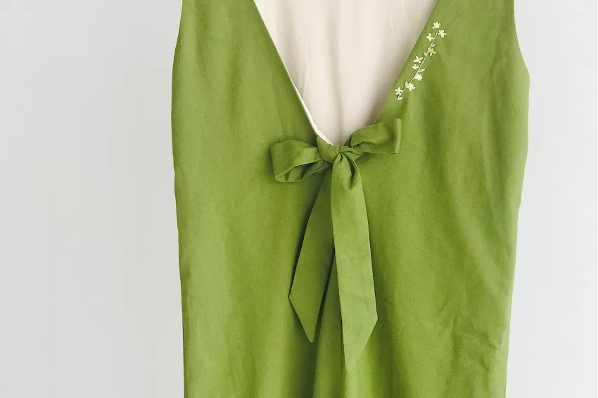 Linen Bow Dress With Floral Embroidery, Soft Two-layered Fabric, Handcrafted Embroidery Patterns, Exquisitely Sewn Lines