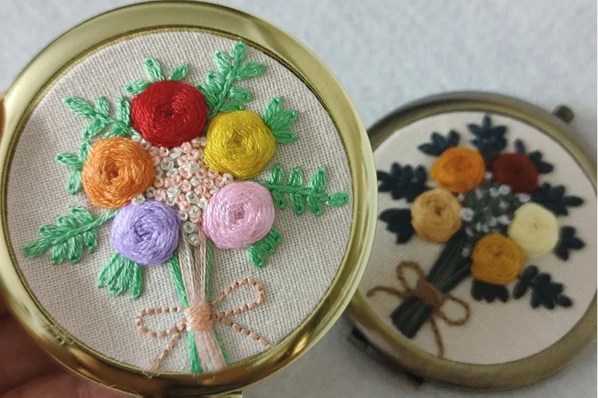 Flower Bouquet Embroidered Compact Mirror, Exquisite Hand Embroidery, Sturdy Handheld Mirror, Foldable Design, Handcrafted Product