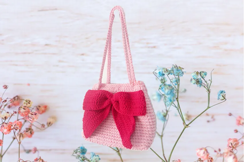 Baby Pink Crocheted Bag With Pink Bow Tie, Sweet Color Tone, Gentle And Cute Style, A Gift For Feminine Girls