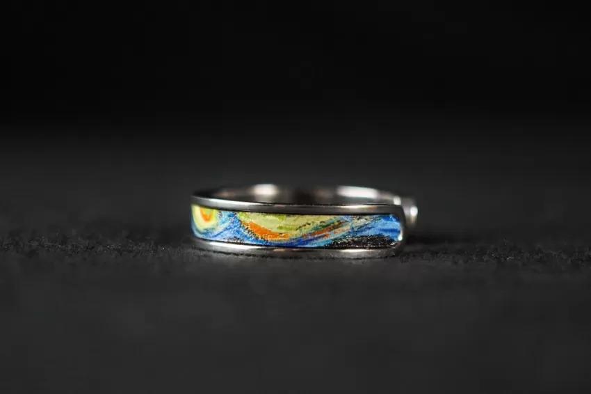 Starry Night Ring with Hand-painted Leather, Silver Color, Leather Ring Arts Collection, Genuine Leather Accessory, Van Gogh Pattern