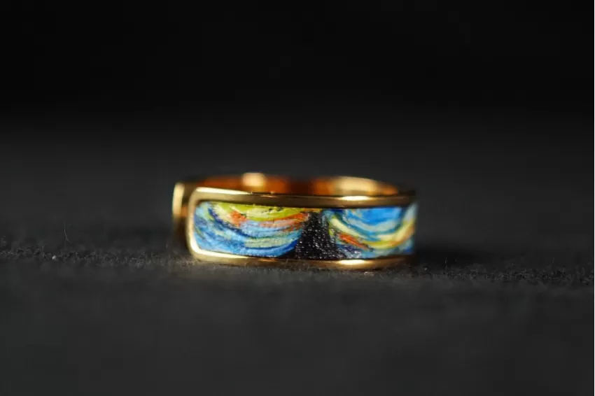 Starry Night Ring with Hand-painted Leather, Gold Color, Leather Ring Arts Collection, Artistic Accessory, Genuine Leather Accessory, Van Gogh Pattern