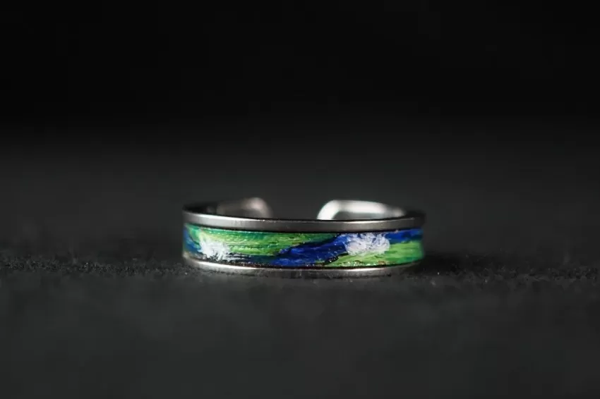 "Water Lilies" Ring, Silver Color, Leather Ring Arts Collection, Hand-Painted Leather Ring, Monet Inspired Ring, Gift For Art Lovers