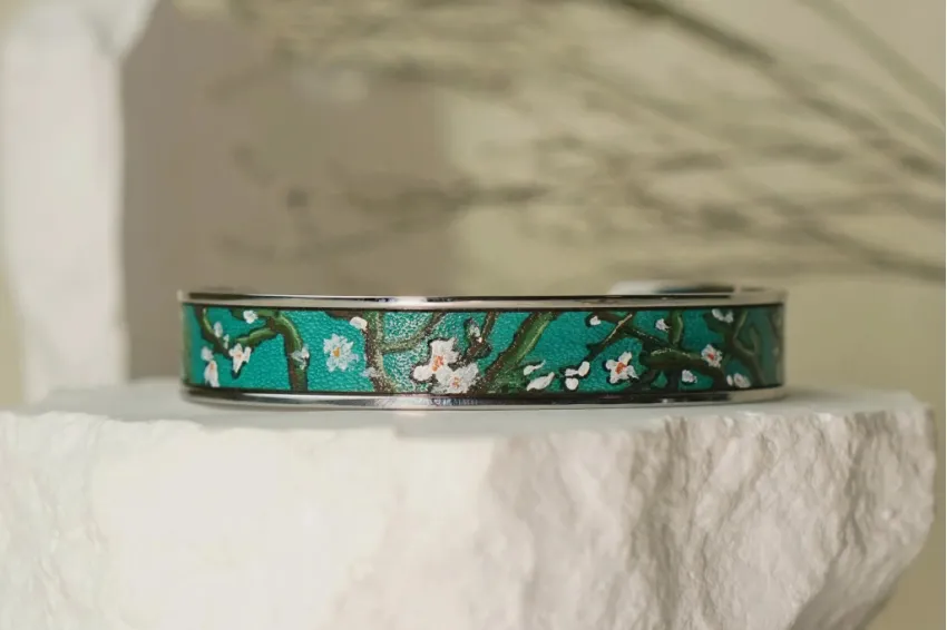 Almond Blossom Metal Cuff Bracelet With Hand-painted Leather, Leather Bracelet Arts Collection, Genuine Leather Accessory, Van Gogh Pattern, Handmade