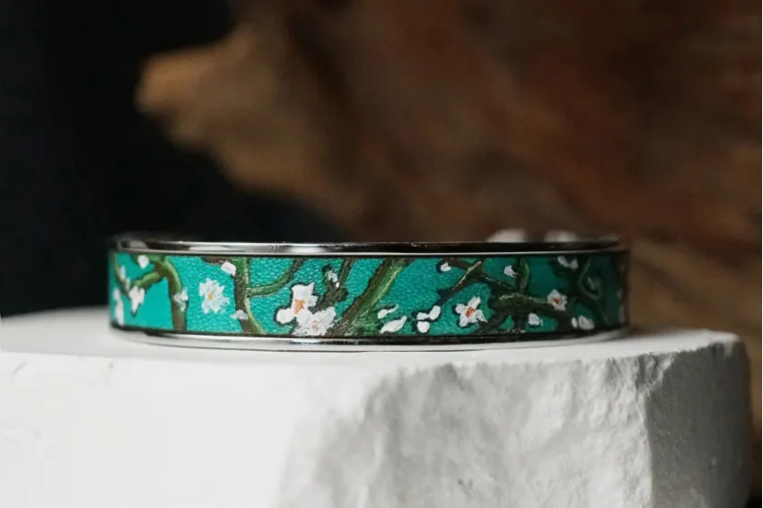 Almond Blossom Metal Cuff Bracelet With Hand-painted Leather, Leather Bracelet Arts Collection, Genuine Leather Accessory, Van Gogh Pattern, Handmade