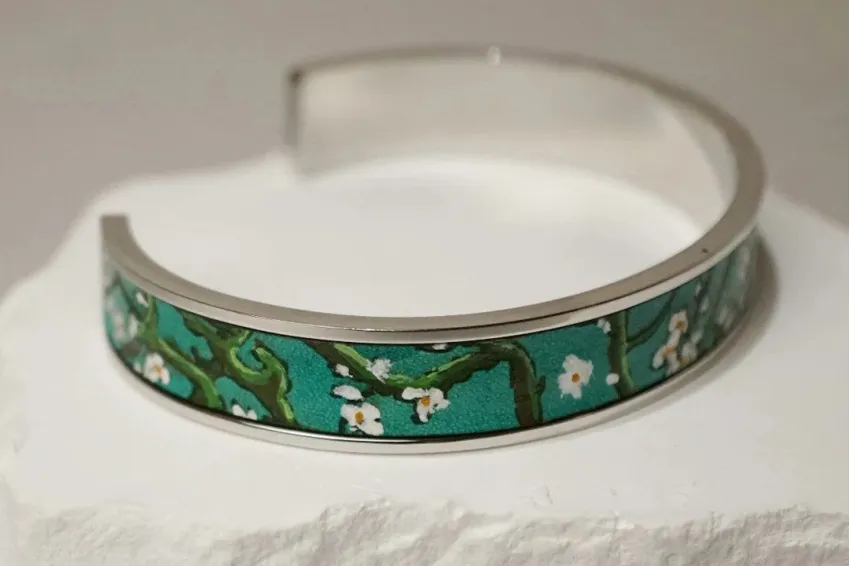 Almond Blossom Metal Cuff Bracelet With Hand-painted Leather, Leather Bracelet Arts Collection, Genuine Leather Accessory, Van Gogh Pattern, Handmade