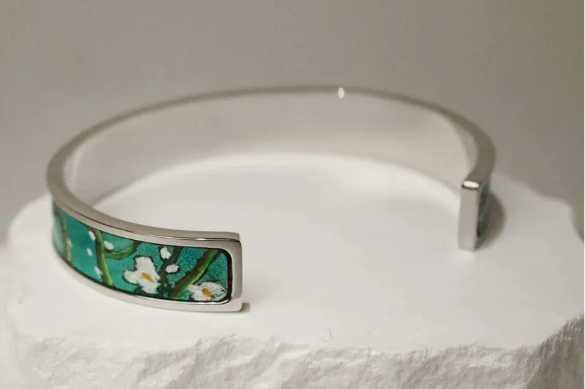 Almond Blossom Metal Cuff Bracelet With Hand-painted Leather, Leather Bracelet Arts Collection, Genuine Leather Accessory, Van Gogh Pattern, Handmade