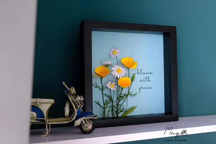 Handmade Paper Flower Painting - Poppy California MAYPAPERFLOWER With 25x25cm Wooden Frame, Interior Decoration, Handmade Gifts, Personalized Gifts, Corporate Gift