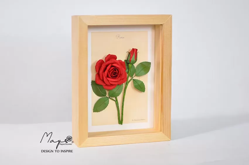 Handmade Paper Flower Painting, Red Roses MAYPAPERFLOWER Wooden Frame of 15 x 20cm