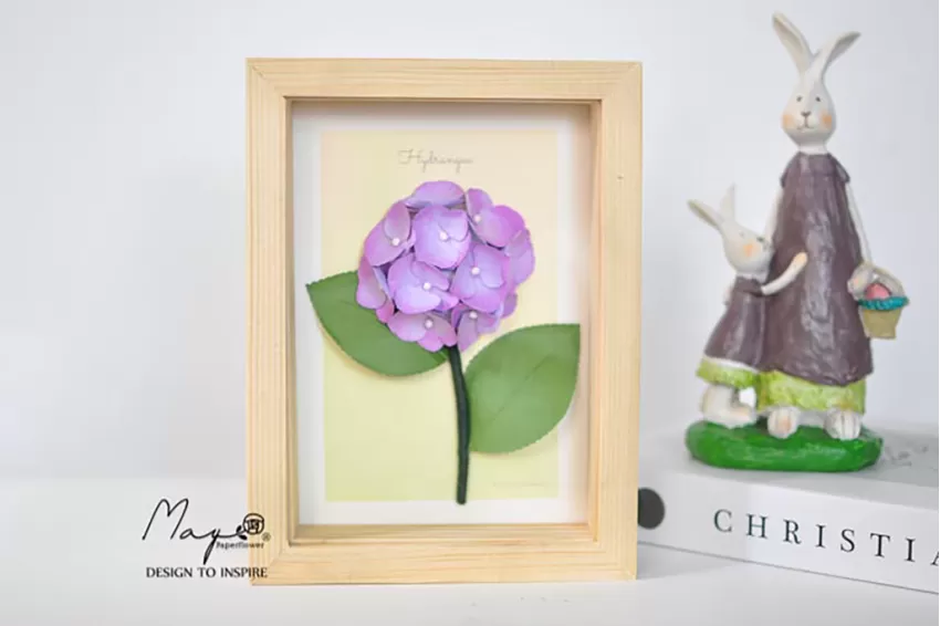 Tranh Hoa Giấy Handmade Trang Trí - Hoa Cẩm Tú Cầu MAYPAPERFLOWER Khung Tranh Gỗ Size 15 x 20cm, Quà Tặng Doanh Nghiệp