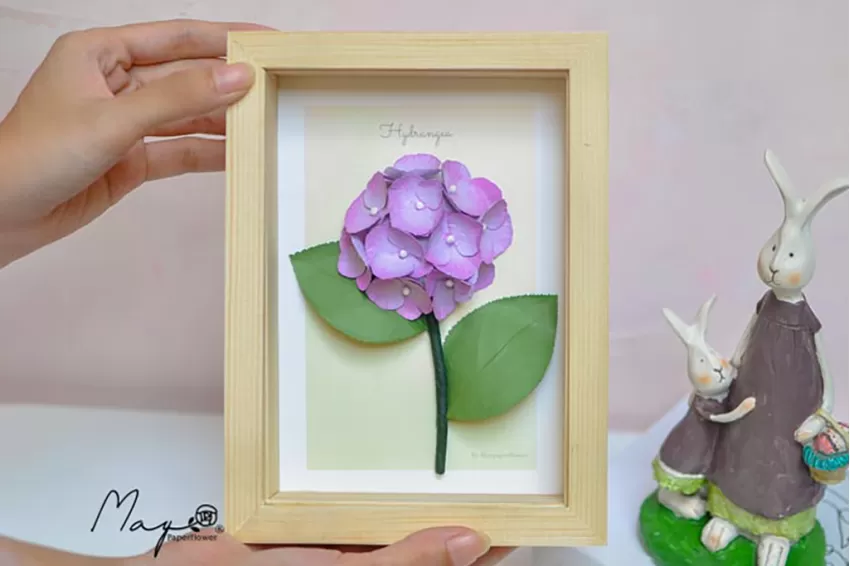 Tranh Hoa Giấy Handmade Trang Trí - Hoa Cẩm Tú Cầu MAYPAPERFLOWER Khung Tranh Gỗ Size 15 x 20cm, Quà Tặng Doanh Nghiệp