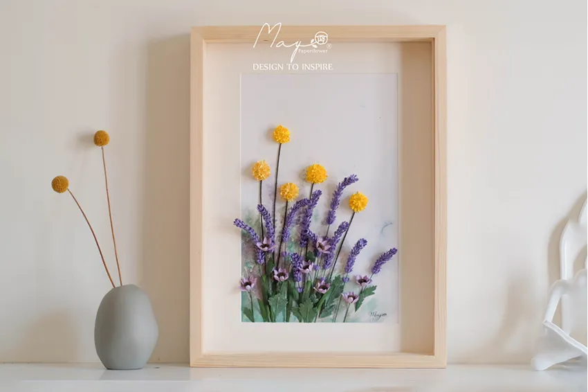 Handmade Paper Flower Painting - Lavender Field MAYPAPERFLOWER 30x40cm Wooden Frame, Corporate Gift