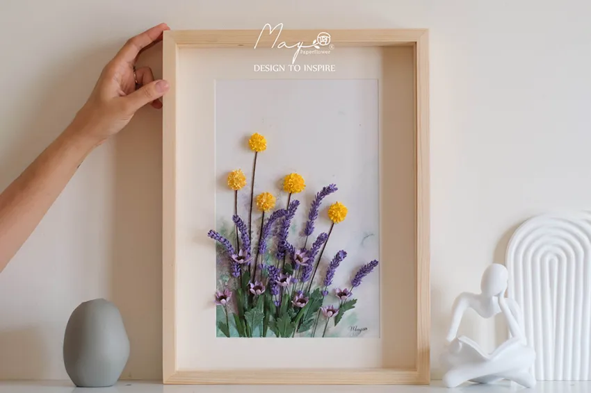 Handmade Paper Flower Painting - Lavender Field MAYPAPERFLOWER 30x40cm Wooden Frame, Corporate Gift