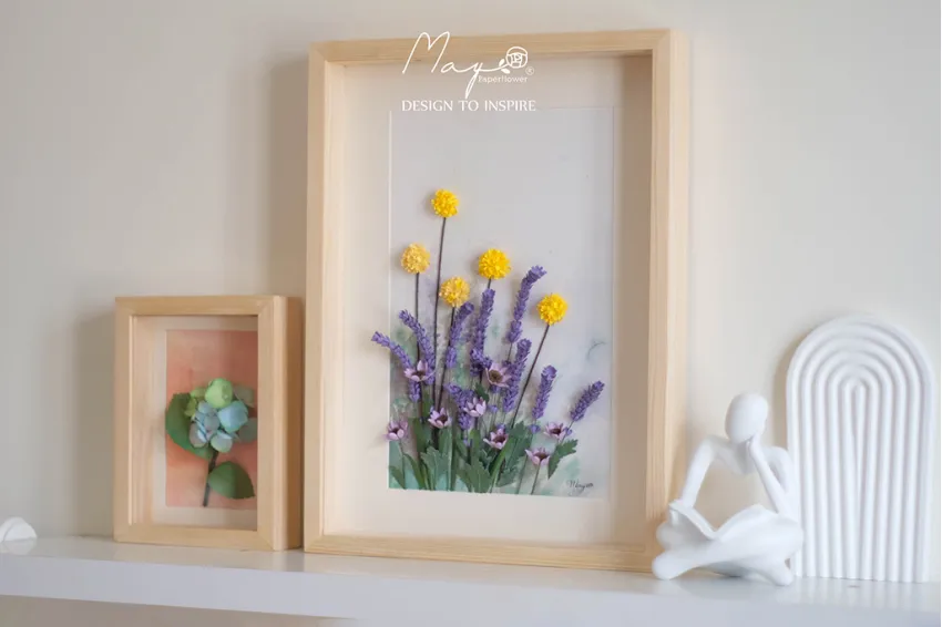 Handmade Paper Flower Painting - Lavender Field MAYPAPERFLOWER 30x40cm Wooden Frame, Corporate Gift