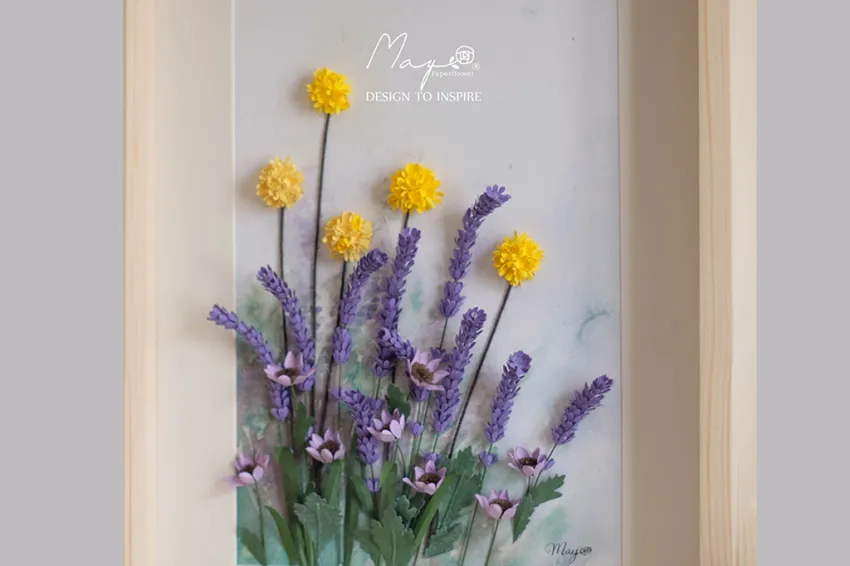 Handmade Paper Flower Painting - Lavender Field MAYPAPERFLOWER 30x40cm Wooden Frame, Corporate Gift