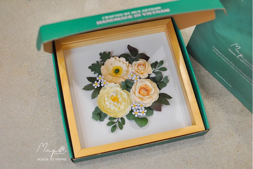 Handmade Paper Flower Painting - Winter Sunlight MAYPAPERFLOWER With 33x33cm Wooden Frame, Corporate Gift