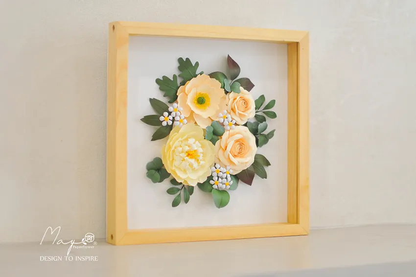 Tranh Hoa Giấy Handmade Trang Trí - Nắng Mùa Đông MAYPAPERFLOWER Khung Gỗ Size 33x33cm, Quà Tặng Doanh Nghiệp