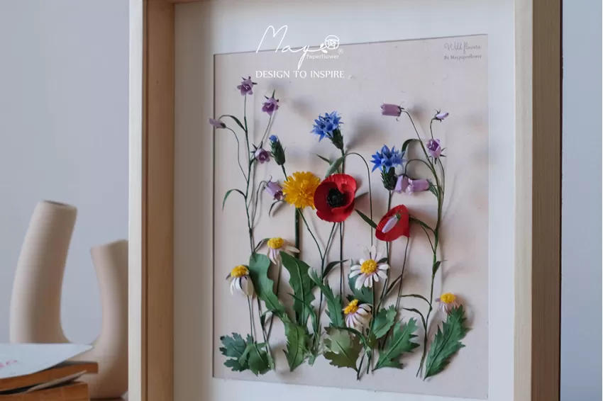 Handmade Paper Flower Painting - Flower Garden 1 Maypaperflower With 40x40cm Wooden Frame