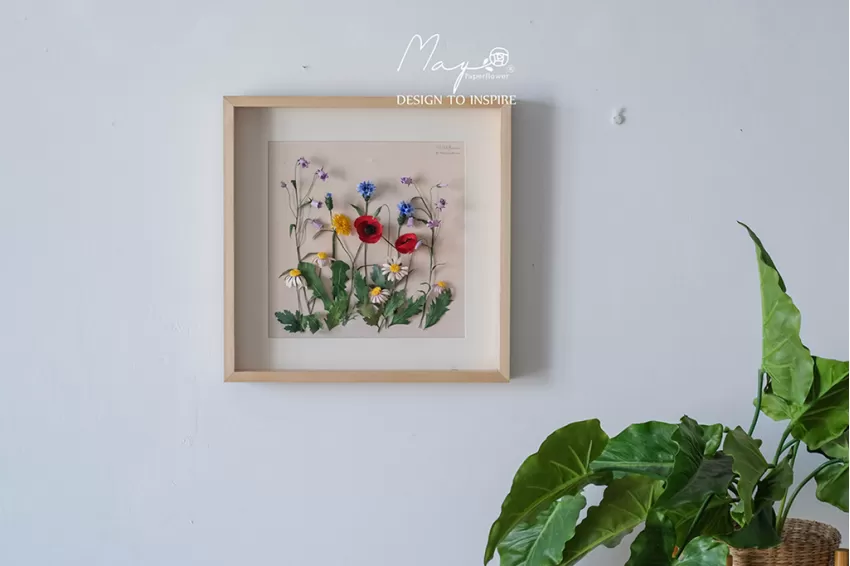 Handmade Paper Flower Painting - Flower Garden 1 Maypaperflower With 40x40cm Wooden Frame