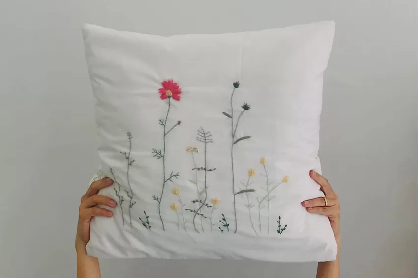 Hand-Embroidered Pillow - Em Thêu, Various Colors, Soft Linen Fabric, Elegant Style, For Head Or Sofa Decoration