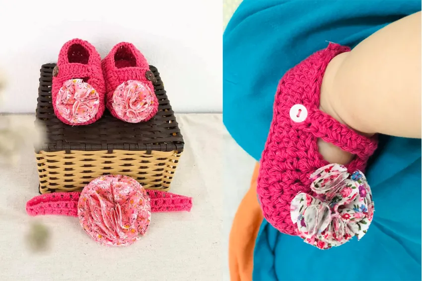 Crochet Shoe Set with Fabric Hair Band, Fabric Hair Band, Hair Accessories, Handmade Accessories, Crochet Shoes, Gifts for Girls, Unique Gifts