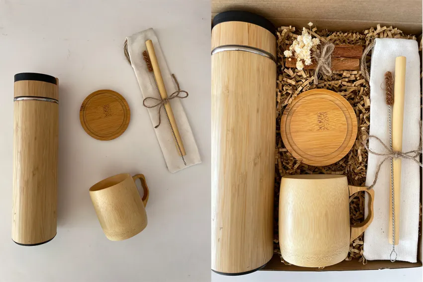 The Bamboo Concept Gift Box, Environmentally Friendly Gift Box, Essential Gifts, Thermos Bottle, Mug, Bottle Cleaning Tool, Bamboo Utensils, Corporate Gift