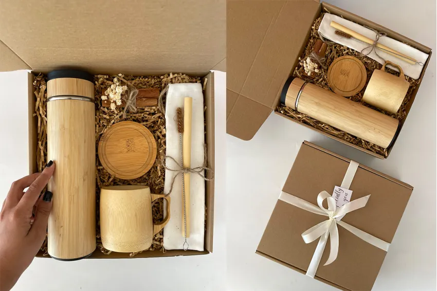 The Bamboo Concept Gift Box, Environmentally Friendly Gift Box, Essential Gifts, Thermos Bottle, Mug, Bottle Cleaning Tool, Bamboo Utensils, Corporate Gift