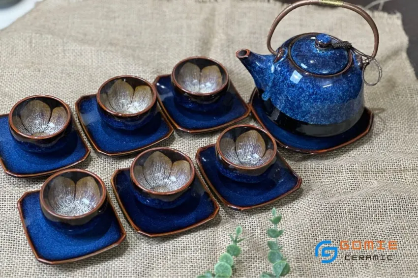 Sapphire Blue Fire-Glazed Round Ceramic Tea Set, Premium Bat Trang Ceramics, Elegant Design, Ceramic Round Teapot, Flower Inner Teacup, Vietnamese Gifts