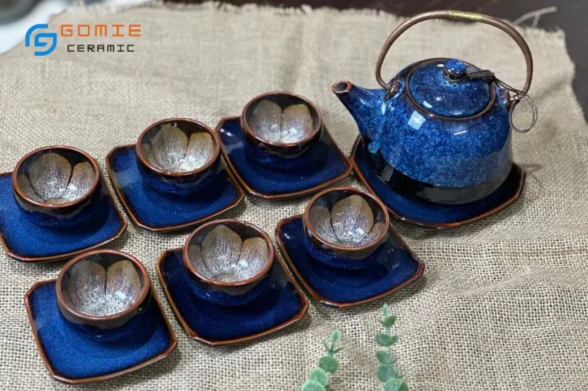 Sapphire Blue Fire-Glazed Round Ceramic Tea Set, Premium Bat Trang Ceramics, Elegant Design, Ceramic Round Teapot, Flower Inner Teacup, Vietnamese Gifts