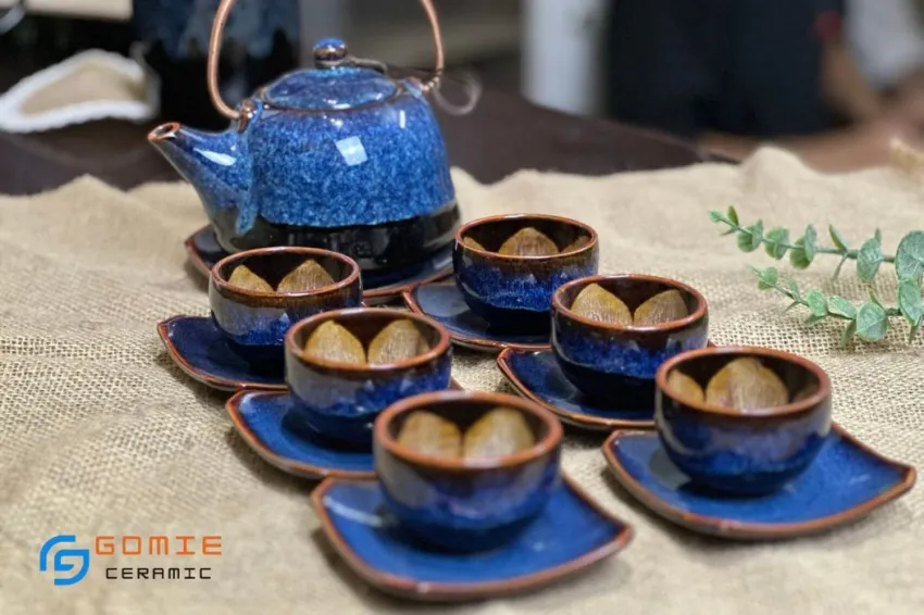 Sapphire Blue Fire-Glazed Round Ceramic Tea Set, Premium Bat Trang Ceramics, Elegant Design, Ceramic Round Teapot, Flower Inner Teacup, Vietnamese Gifts