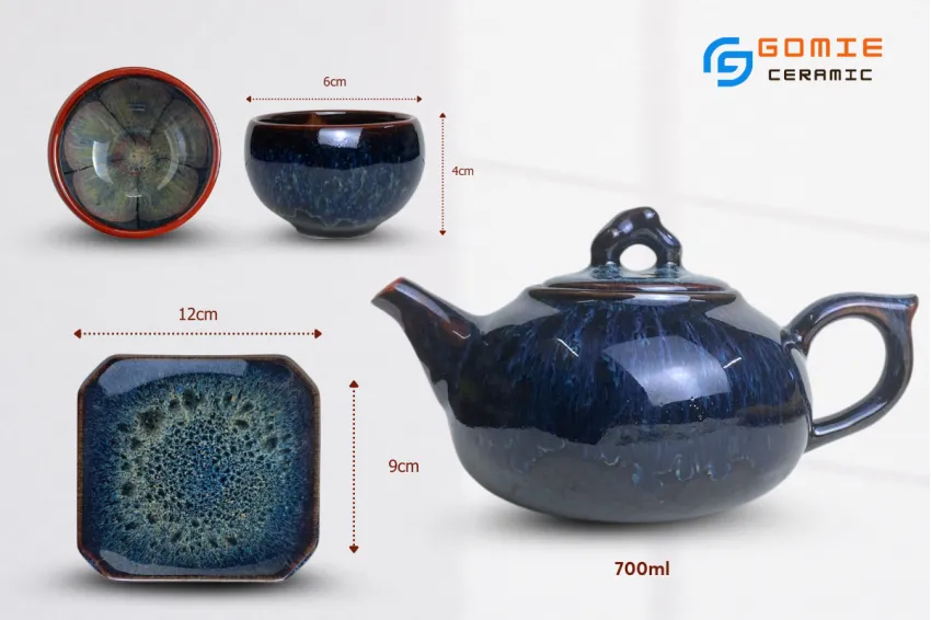 Sapphire Blue Fire-Glazed Low Round Ceramic Tea Set, Luxurious Vintage Style, Flower Inner Cup, Bat Trang Ceramics, Premium Gifts