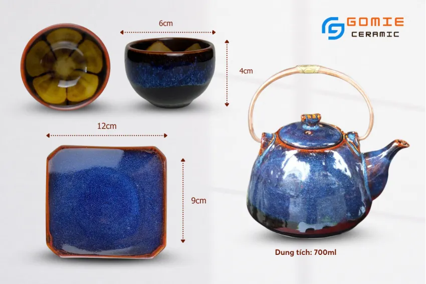 Ocean Blue Fire-Glazed Ceramic Tea Set (8 Items), Bat Trang Ceramics, Classic Art, Copper Handle Ceramic Teapot, Porcelain Tea Set, Vietnamese Gifts