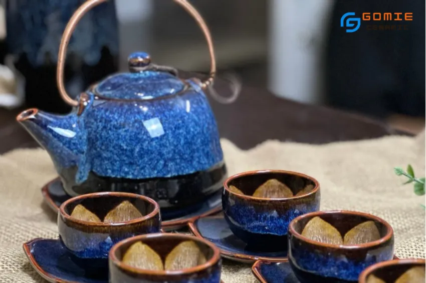 Ocean Blue Fire-Glazed Ceramic Tea Set (8 Items), Bat Trang Ceramics, Classic Art, Copper Handle Ceramic Teapot, Porcelain Tea Set, Vietnamese Gifts