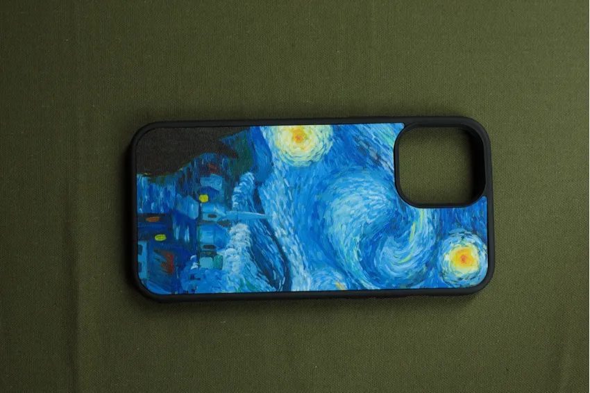 "Starry Night" Hand-Drawn Leather Phone Case, Inspired By Van Gogh's Painting, Signature Engraved, Name Engraved, Art Phone Case, Personalized Gift