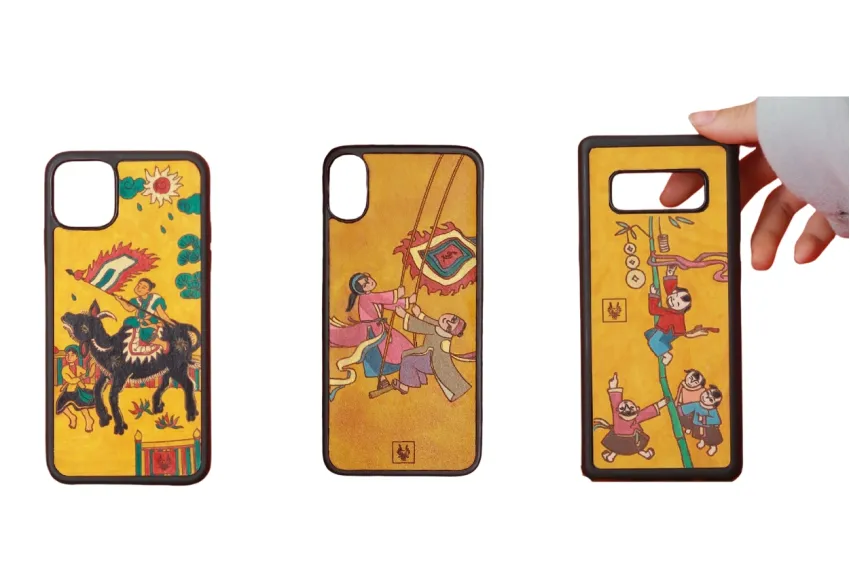 "Festival" Personalized Engraved Leather Phone Case, Hand-Drawn Phone Case, Vietnamese Traditional Folk Paintings, Vietnamese Gift, Personalized Gift