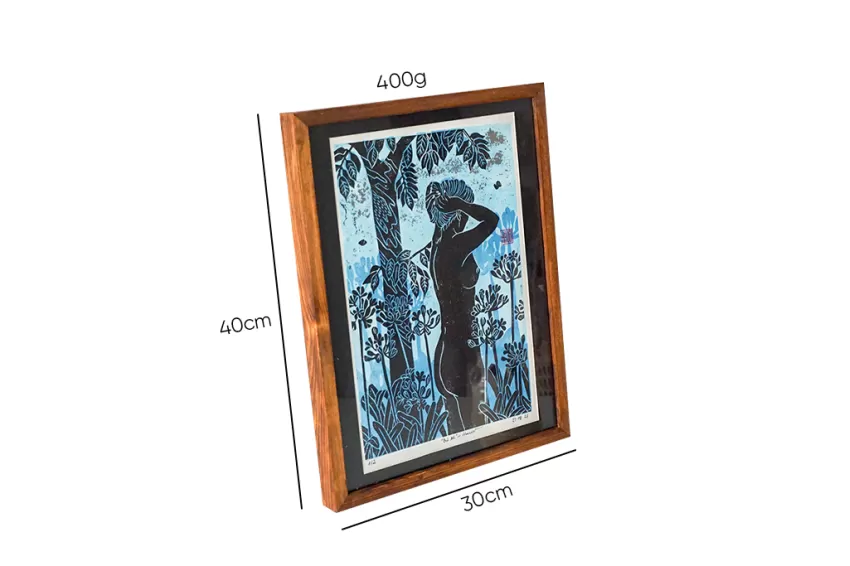 [Limited] Blue Linocut Print In Wooden Frame
