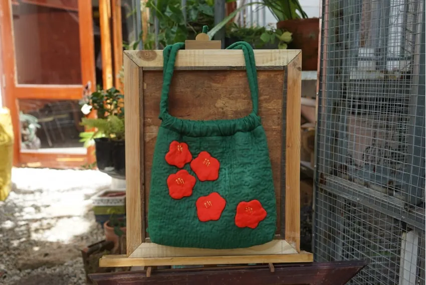 Red Camellia Quilted Bag, An Elegant Statement Piece, Vintage Drawstring Bag, Elegant Fabric Bag, Handmade Bag, Adjustable Strap, Handmade Accessories