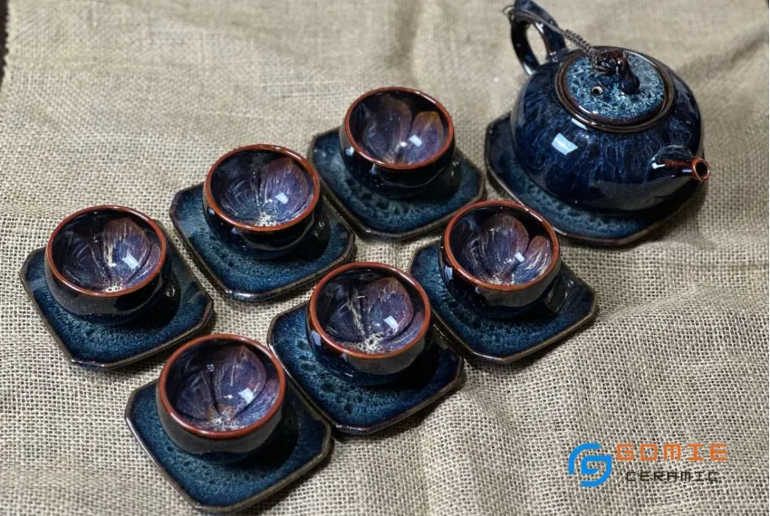 Sapphire Blue Fire-Glazed Low Round Ceramic Tea Set, Luxurious Vintage Style, Flower Inner Cup, Bat Trang Ceramics, Premium Gifts