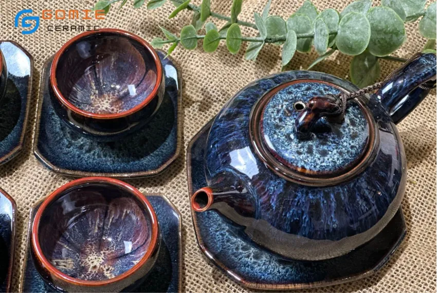 Sapphire Blue Fire-Glazed Low Round Ceramic Tea Set, Luxurious Vintage Style, Flower Inner Cup, Bat Trang Ceramics, Premium Gifts