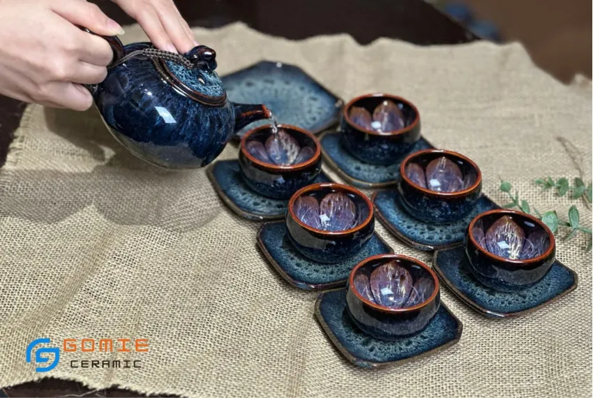 Sapphire Blue Fire-Glazed Low Round Ceramic Tea Set, Luxurious Vintage Style, Flower Inner Cup, Bat Trang Ceramics, Premium Gifts