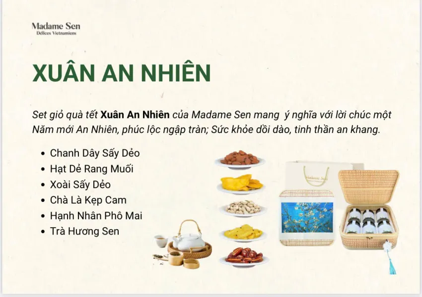 Set Quà Tết "Xuân An Nhiên", Bộ Sưu Tập "Hoa Xuân", Gửi Lời Chúc Bình An Với Trà Kèm Hạt Và Trái Cây Khô, Hộp Quà Bọc Giấy Dó, Quà Tết Doanh Nghiệp