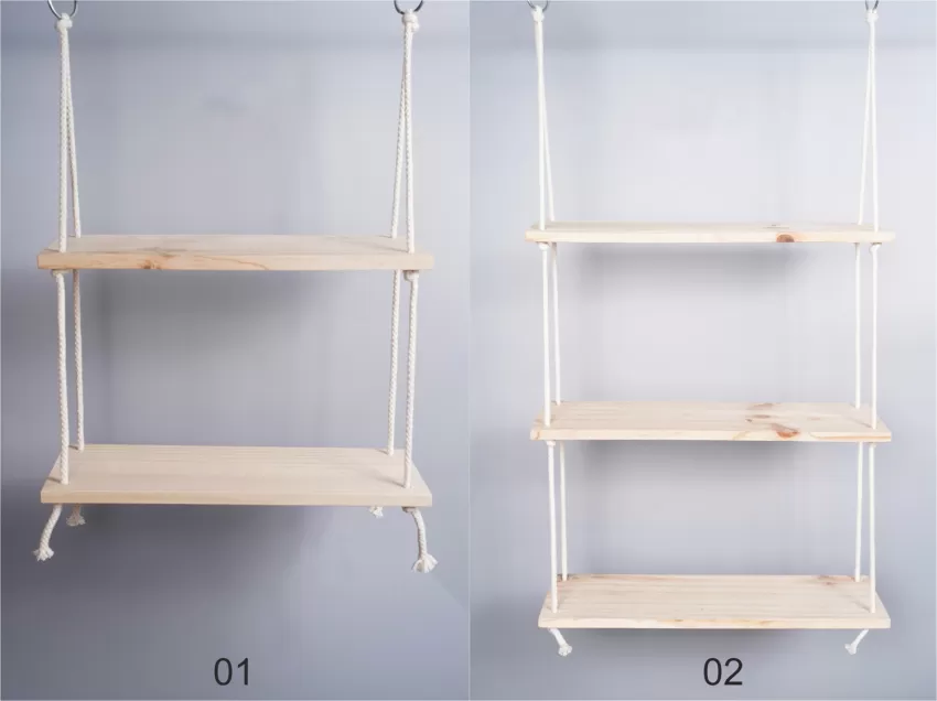 Swing Cotton Hanging Shelf, Natural Pine Wood, Handcrafted, Minimalist Style, Easy to Install, Decorative Furniture