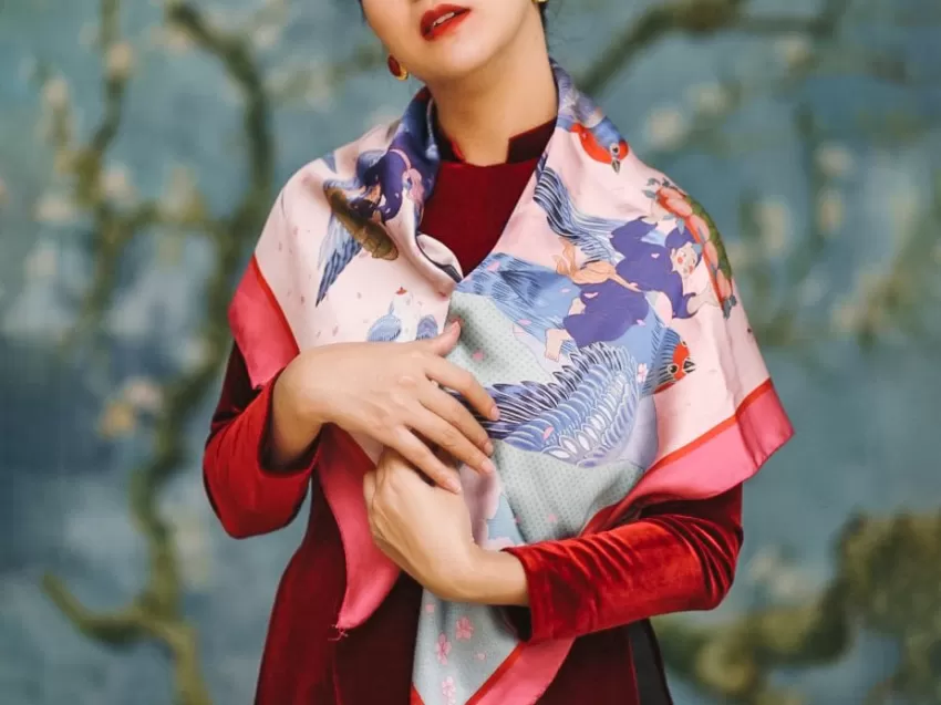 Divine Swallow Silk Scarf Nung Ethnic, Pink Silk Scarf, Art-Printed Scarf, Swallow Bird Pattern, Soft Silk Blend Scarf