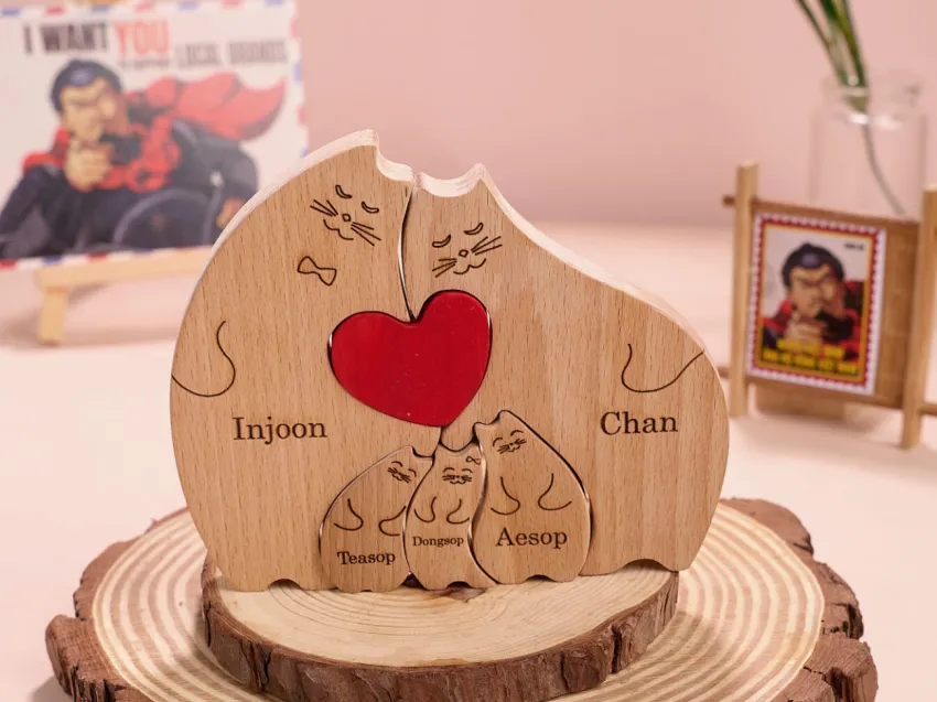 Personalized Wooden Cat Family Puzzle Decor, Perfect Personalized Gift For Family, Valentine Gift, Crafted In Vietnam, Custom Gifts, Only At Chus