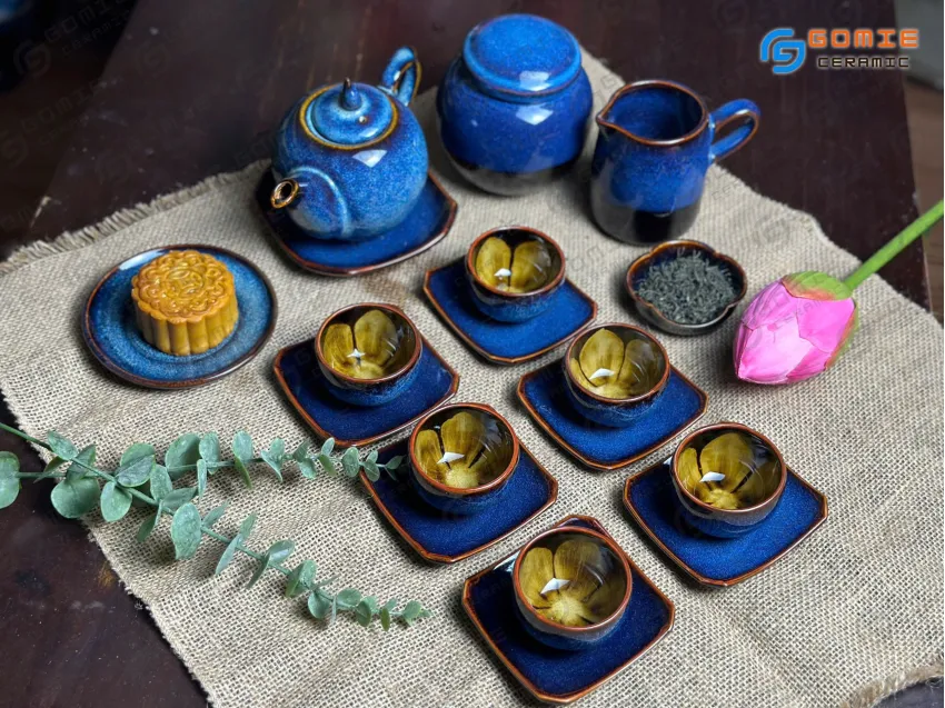 Ocean Blue Fire-Glazed Ceramic Tea Set (6 Items), Pyramid Teapot, Bat Trang Ceramics, Flower Inner Cup, Vietnamese Handmade Pottery, Vietnamese Gifts